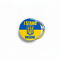 Round pinback button with blue-yellow Ukraine flag, 'I STAND UKRAINE' text, metal clasp back