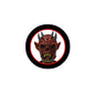 1.25-inch demon skull pinback with black border, red horns, and yellow teeth