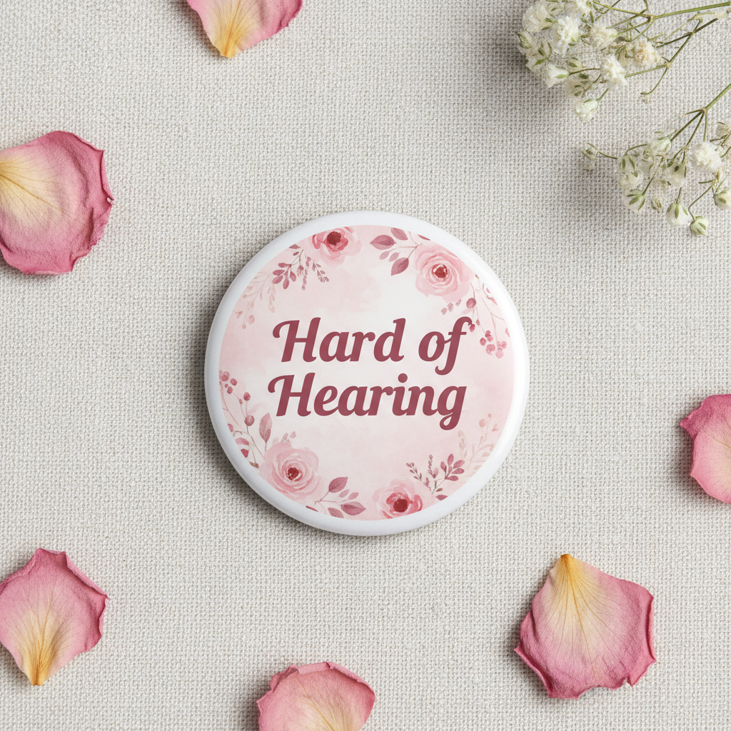 Hard of Hearing rose floral pinback button, pink and white round 2.25 in