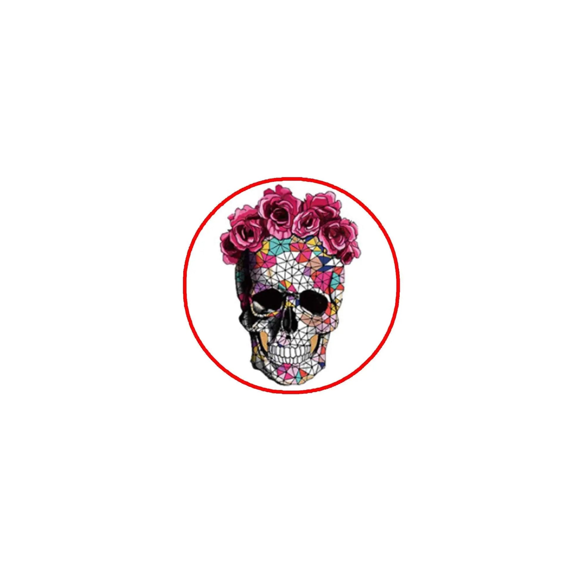 Skull and roses pinback badge with multicolor floral crown, round red border
