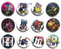 Set of 12 round pinback badges with colorful illustrated characters and logos