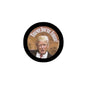 Round pinback button with black border, Trump photo and “TRUMP, YOU'RE FIRED” text