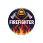 Firefighter pinback button with firefighter helmet, crossed axes, and FIRE FIGHTER text