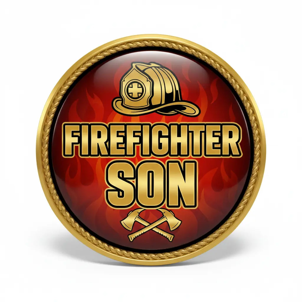 Firefighter Son pinback button with gold rope border, fire helmet emblem and ribbon