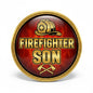 Firefighter Son pinback button with gold rope border, fire helmet emblem and ribbon
