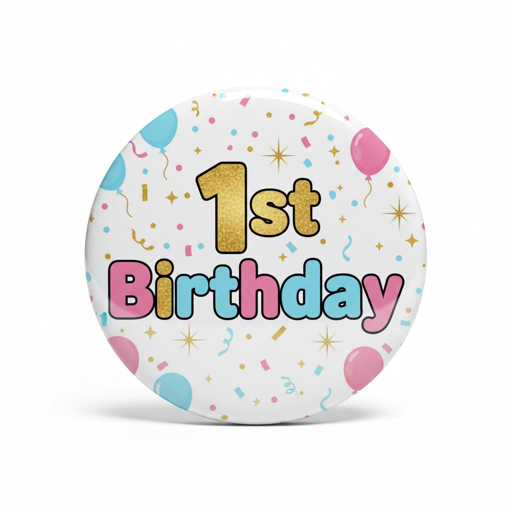 Round 2.25-inch pinback button with '1st Birthday' text and colorful confetti