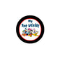 Black-rimmed round pinback button: “My 1st Visit!” with colorful cartoon characters