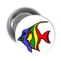 Fish-shaped pinback button, 1.25-inch, colorful striped fish illustration