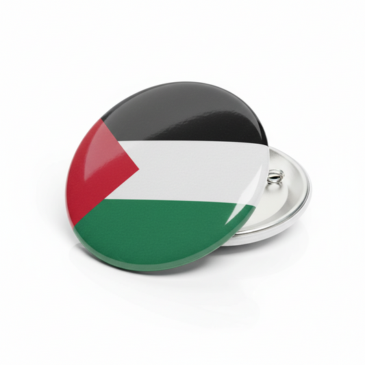 2.25-inch Palestine flag pinback button with metal rim and clasp, glossy finish