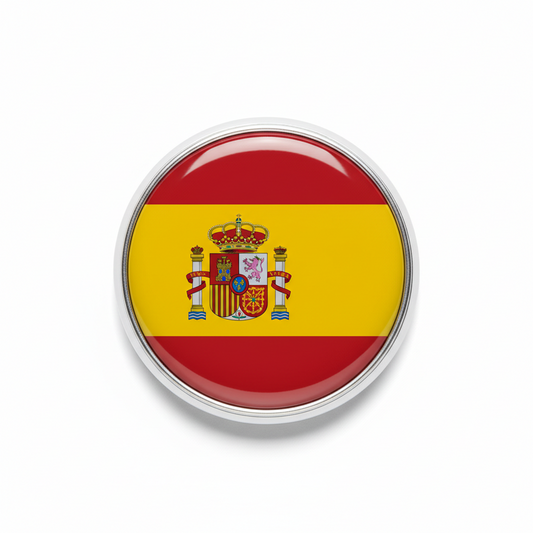 Round Spain flag enamel pin badge with coat of arms, red/yellow stripes, 2.25 in