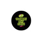 Round Zombies Eat Flesh pinback button, black with green text and zombie graphic