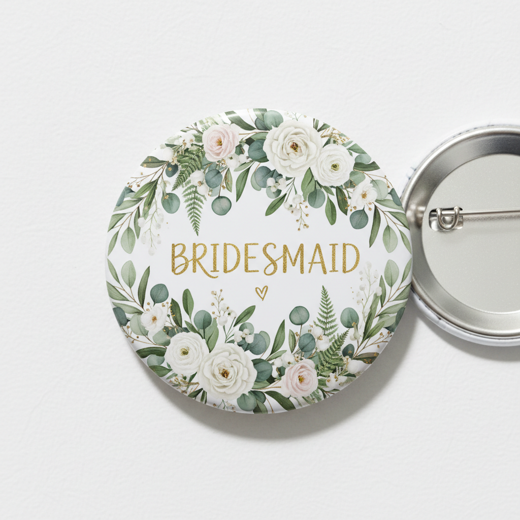 Round bridesmaid pinback button with green floral greenery wreath and gold text