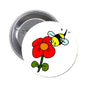 Flower bee pinback button with red and yellow cartoon flower, 2.25-inch round