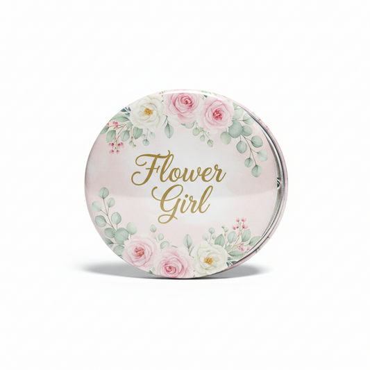 Round flower girl pinback with floral watercolor design, 1.25-inch
