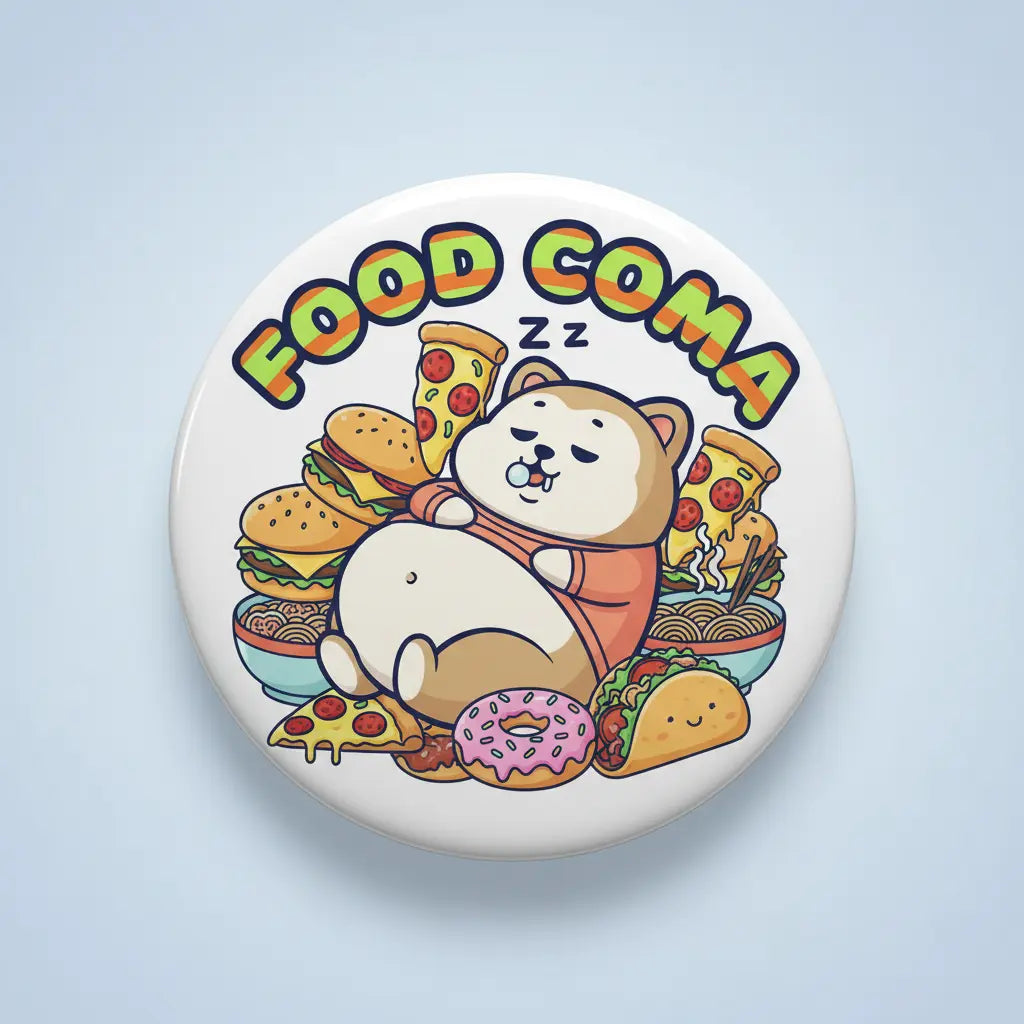Round Food Coma pinback button, white with cute cartoon eating food and Zzz