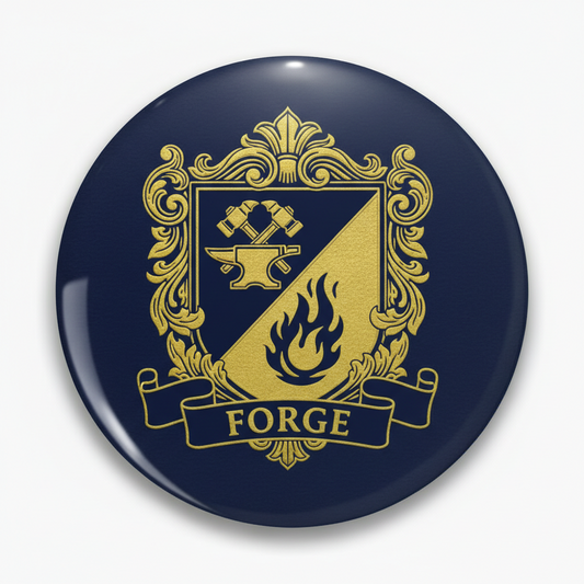 Round pinback button with gold family crest and FORGE banner on dark navy