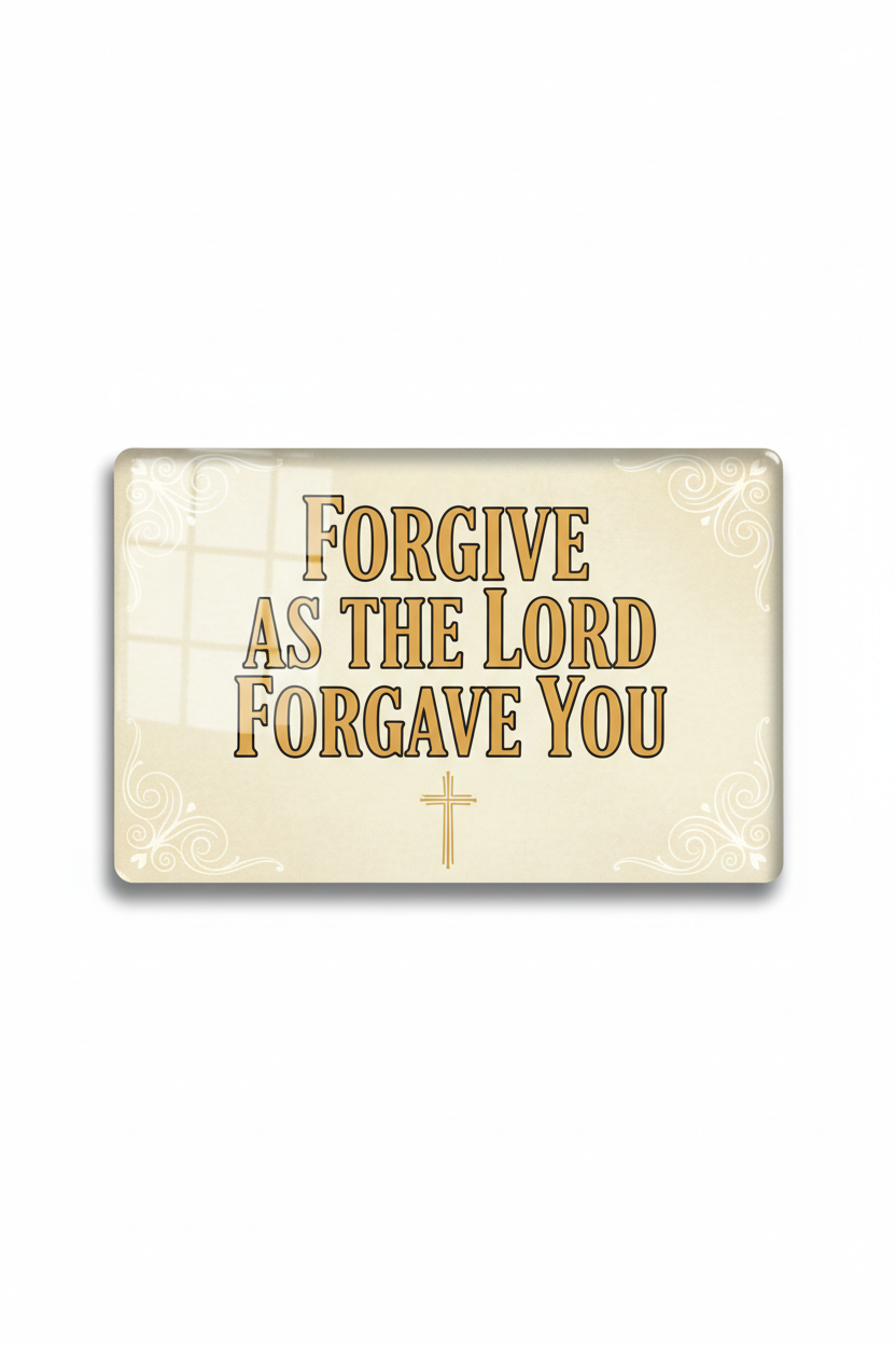 A rectangular plaque or sign with the phrase 'FORGIVE AS THE LORD FORGAVE YOU' in large gold lettering on a cream background, decorated with subtle scrollwork and a small cross below the text.