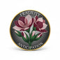2.25-inch circular flower pinback with purple-pink blooms, gold rim, 'FRAGILITY' and 'ANTICIPATION'