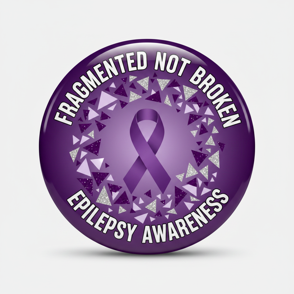 A round purple button badge featuring the text 'FRAGMENTED NOT BROKEN' in white with a purple shadow, surrounded by a circular mosaic of purple and lavender geometric shards on a light gray background.
