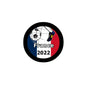 Round France 2022 soccer pinback button with soccer ball, rooster, and flag colors