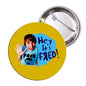 2.25-inch pinback button, yellow front with portrait and blue text; silver back with pin