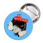 2.25-inch no offense pinback button, round blue design with red text and illustration