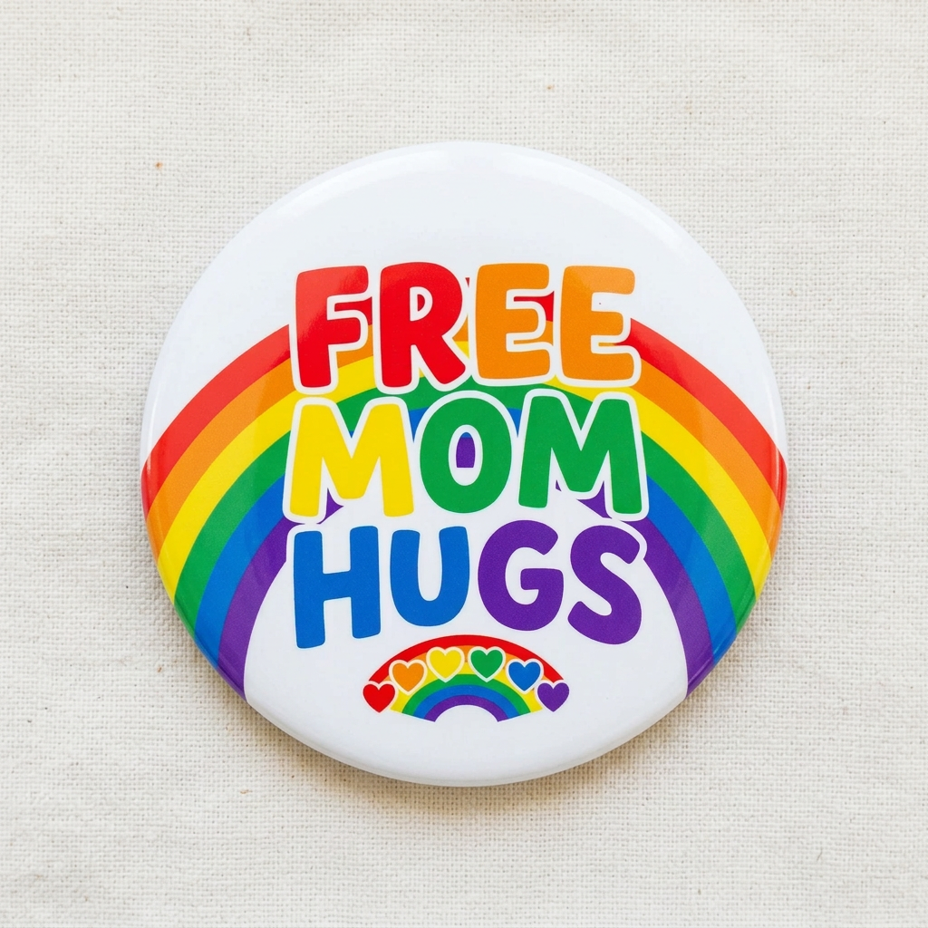 Giant FREE MOM HUGS Rainbow Pin Button 2.25-inch