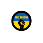 Round enamel-style pinback button with Free Ukraine text and blue-yellow flag design