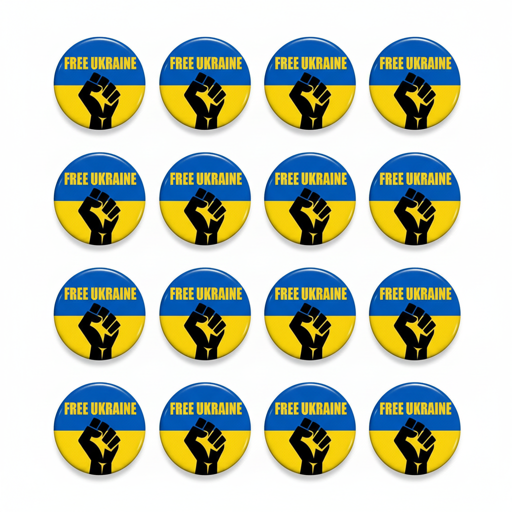 Set of 12 round pinback buttons, blue/yellow with 'FREE UKRAINE' and raised fist graphic