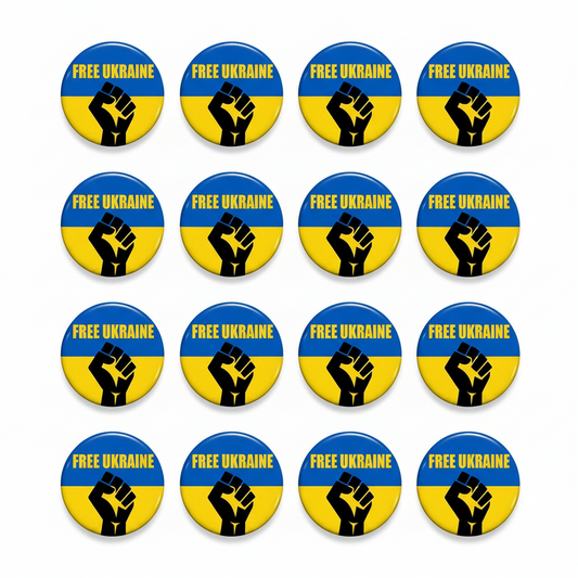Set of 12 round pinback buttons, blue/yellow with 'FREE UKRAINE' and raised fist graphic