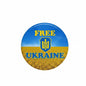 Round pinback button with black rim; blue FREE UKRAINE text and yellow trident