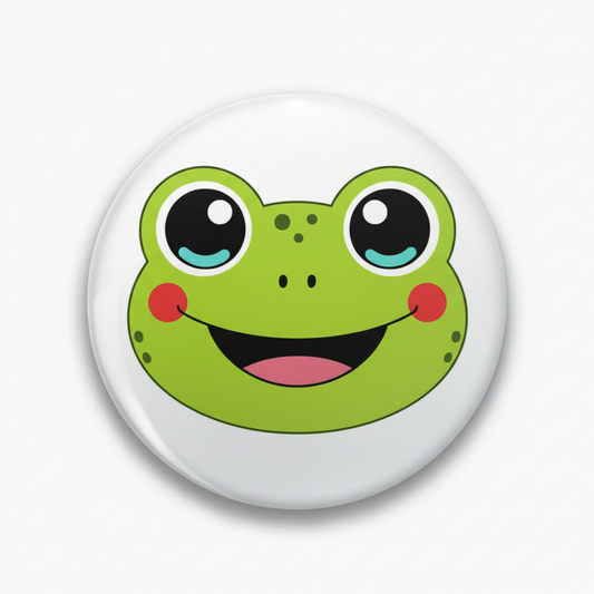 Green frog face enamel pinback button, 2.25-inch with smiling red mouth and black eyes