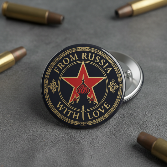 Pin with red star and 'From Russia with Love' text on a gray surface with bullets around