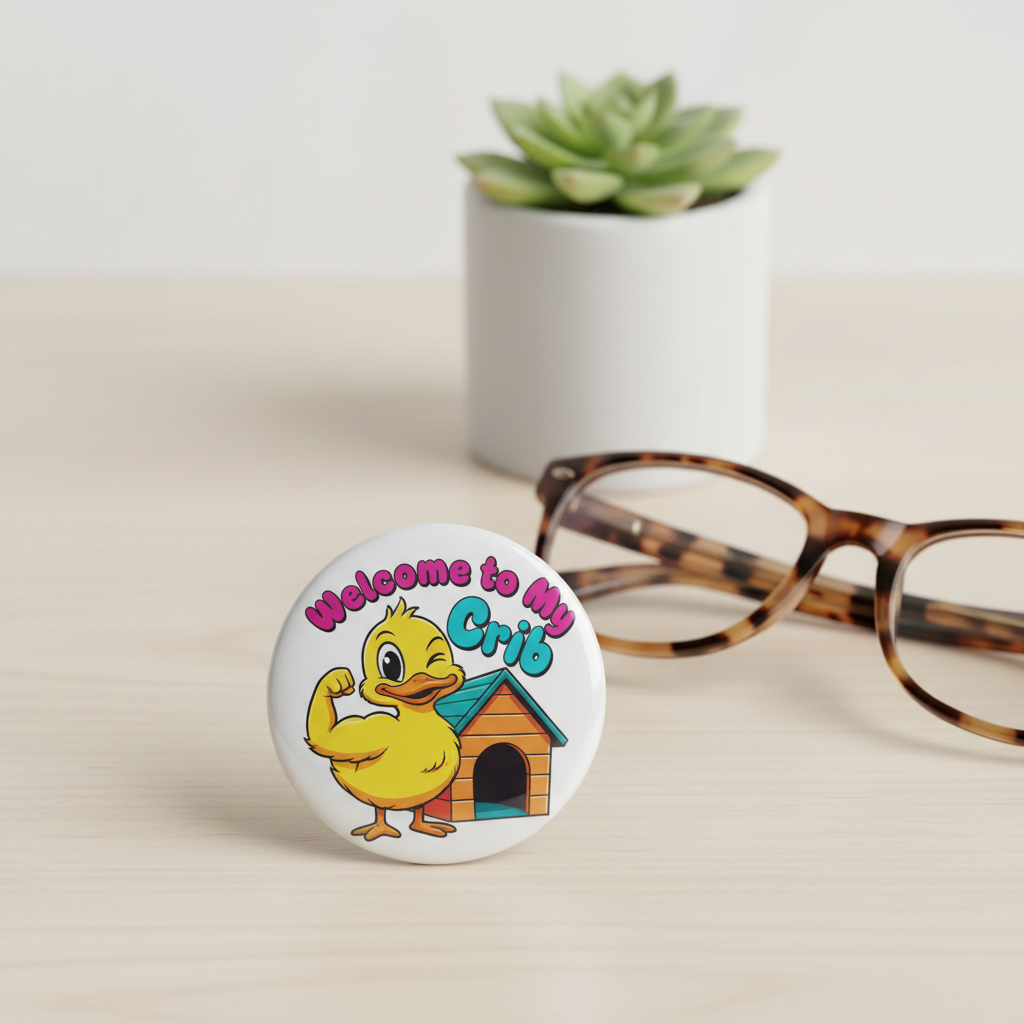 Round white duck pinback button, Welcome to My Crib text, 2.25 in