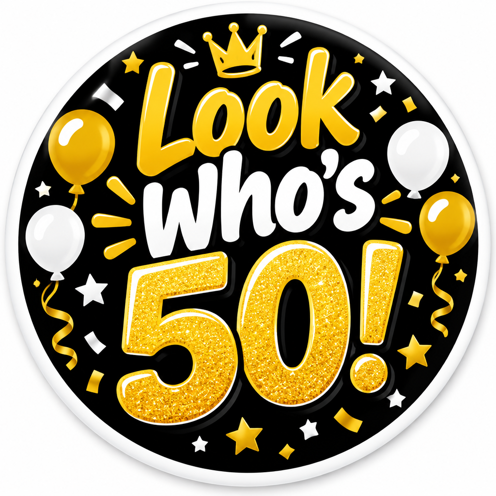 Funny 'Look Who's ' Stylish 50th Birthday Pin Button 2.25-inch