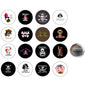 16-piece pirate themed pinback set of round enamel buttons, one showing the back side