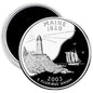 Maine state quarter-style magnet with lighthouse and ship; 'MAINE 1820' and '2003' text