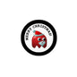 2.25-inch round Santa pinback: black ring, 'MERRY CHRISTMAS' text, red skull-face design