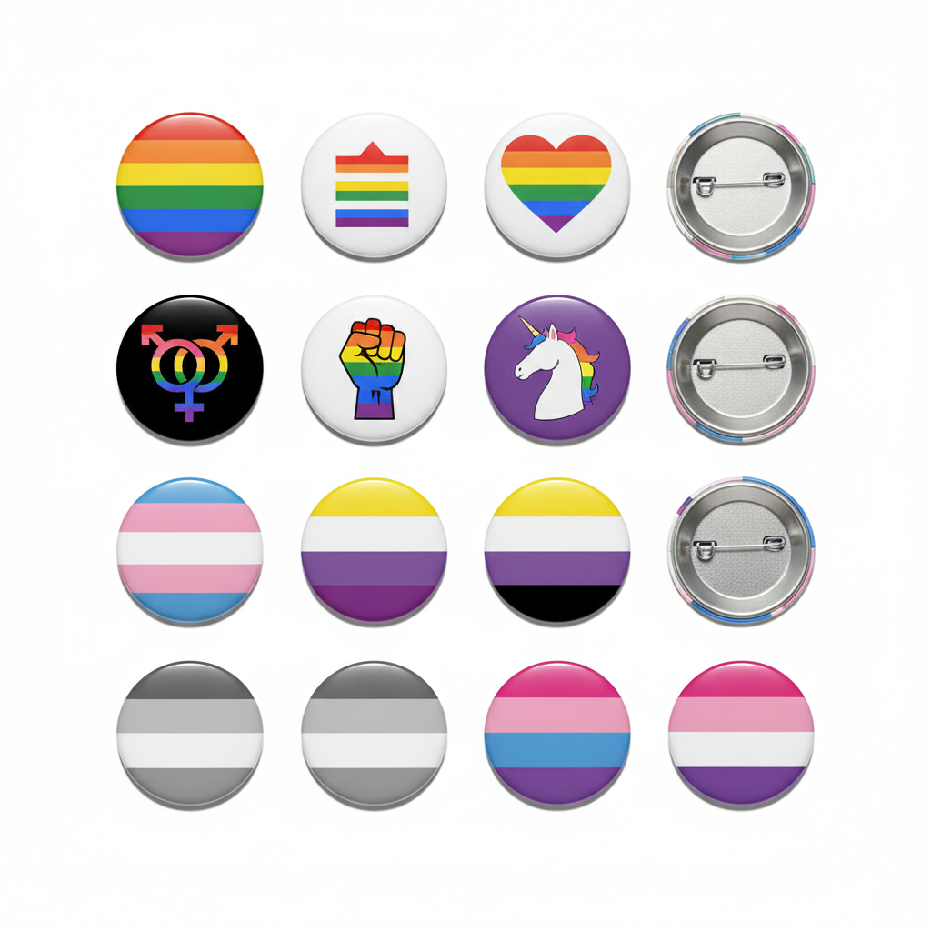 Assorted pride emblem pinback buttons, round with metal backs on some pieces