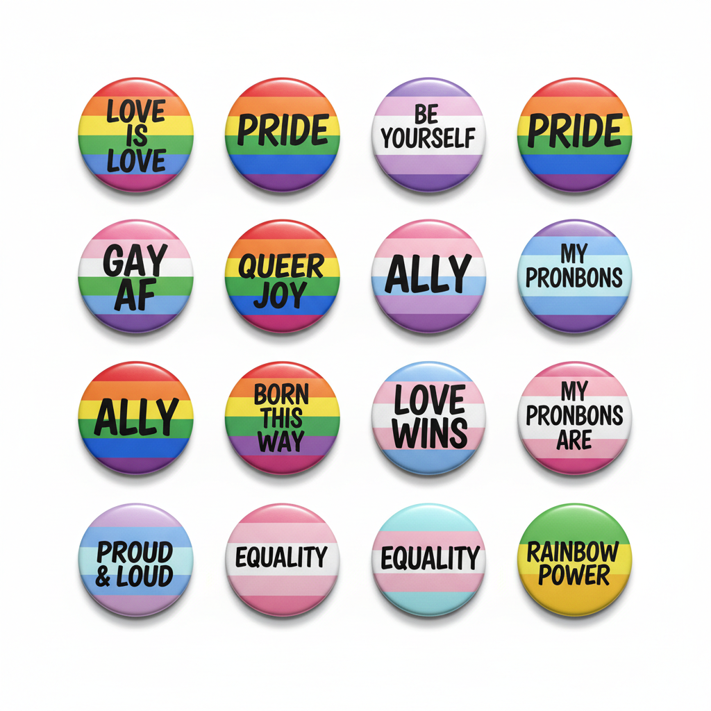 Assorted pride-themed round pinback buttons with colorful text and symbols
