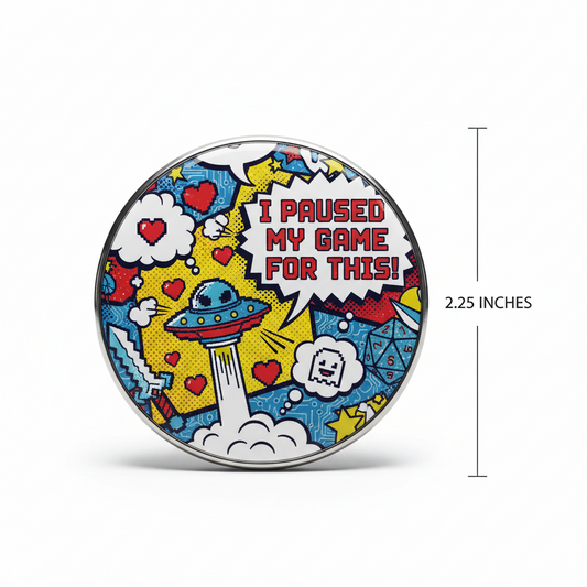 2.25-inch round pinback button with gamer quote, hearts, stars, and clouds