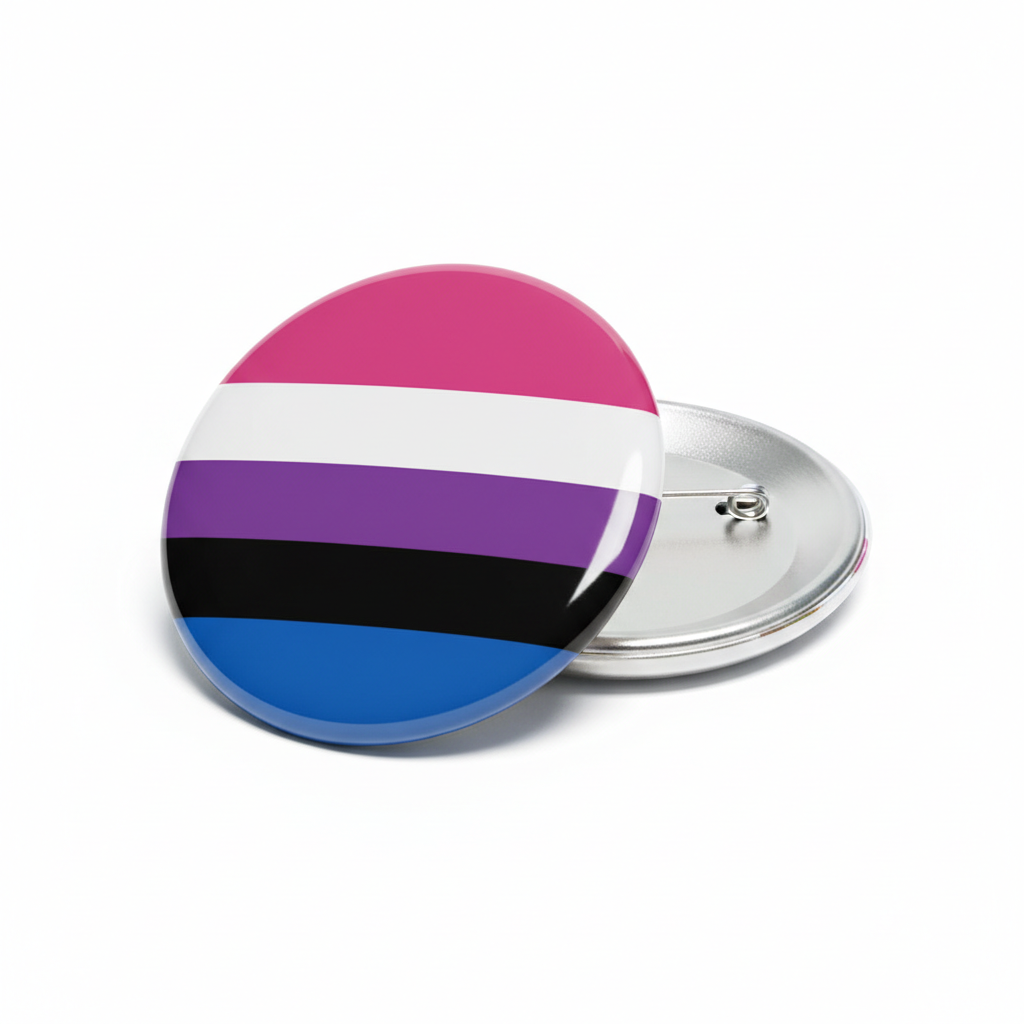 Round metal pinback button with genderfluid flag stripes: pink, purple, black, blue