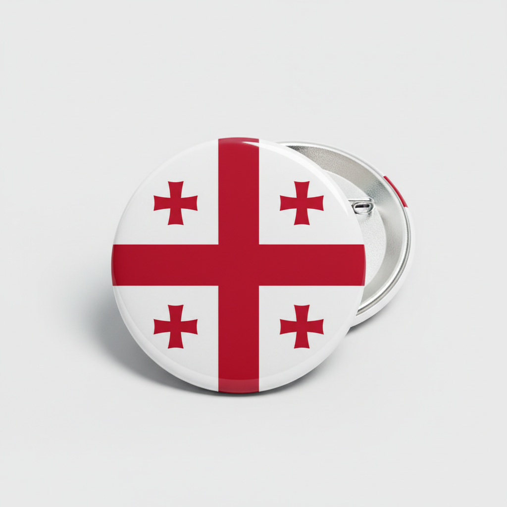 Georgia country flag pinback button, round metal badge with red cross and trim