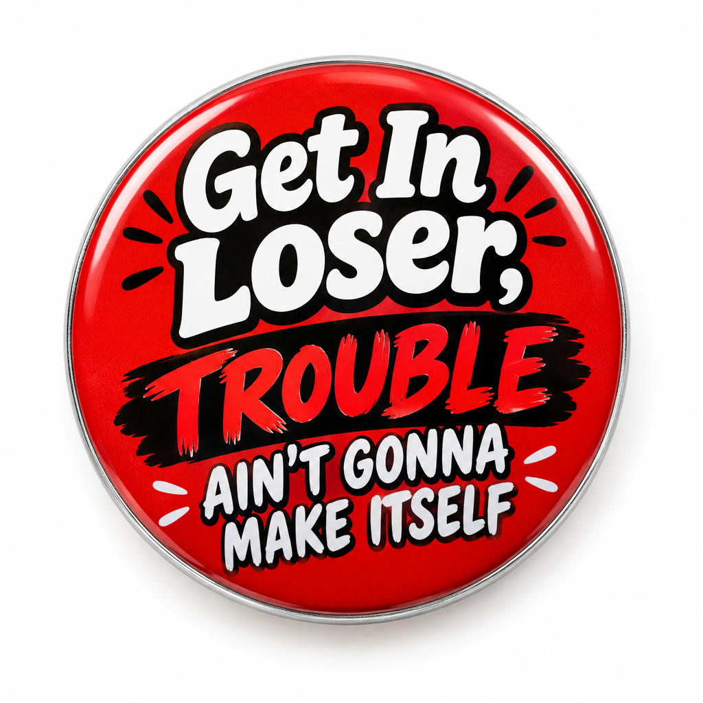 Get In Loser Trouble Ain't Gonna Make Itself Funny Pin Button 2.25-inch