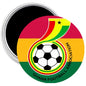 Round soccer team magnet with Ghana flag colors, soccer ball graphic, and crest