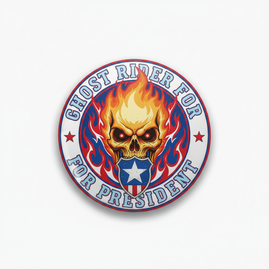 Round pinback button with flaming skull graphic, stars, and “Ghost Rider for President” text