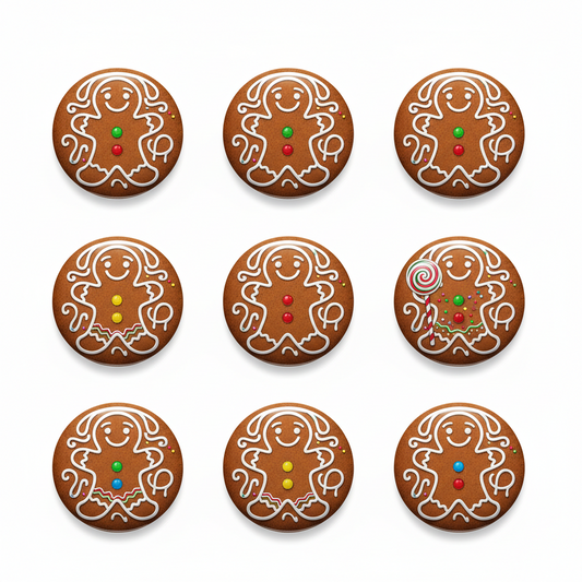 Round gingerbread man candy pinback buttons, brown with white icing and colorful dots (8 pcs)