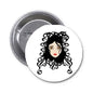 1.25-inch round pinback button with illustrated girl, curly black hair, safety pin backing