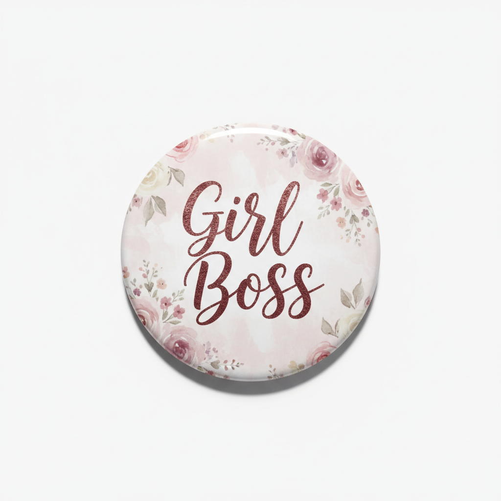 Blush floral girl boss pinback button, 2.25-inch, script typography