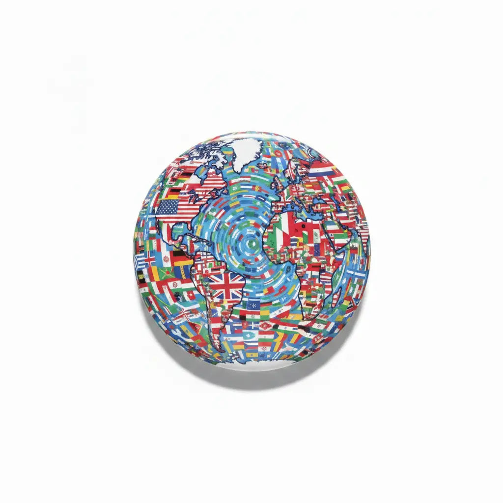 World flags globe pinback button, 2.25-inch, round colorful collage design